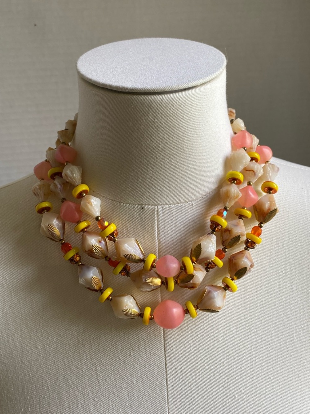 Signed VINTAGE DEAUVILLE Triple Strand Necklace • UV Glow Cadmium Glass • 1960s